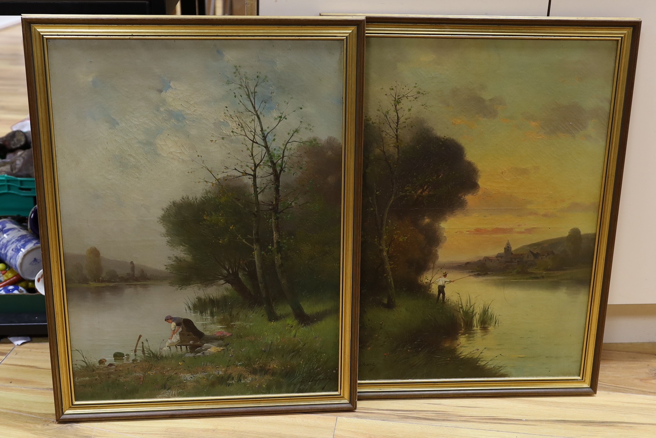 Ed Duparc (19th C.), pair of oils on canvas, River landscapes with angler and woman washing clothes, signed, 64 x 48cm